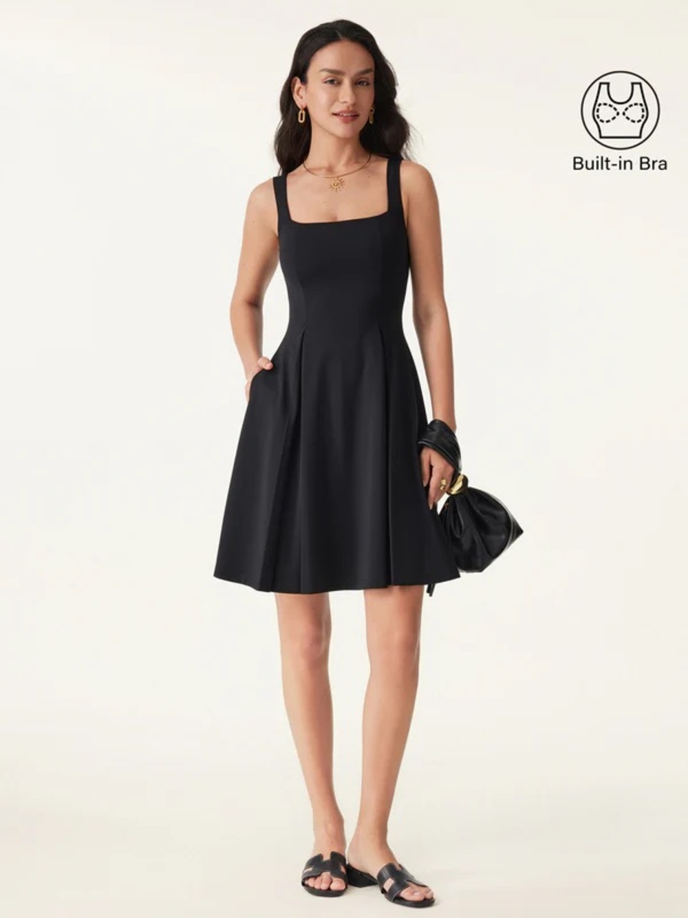 NWT OGL Ponte-De-Roma Square Neck Fit-and-flare Mini Bra Dress in black - small